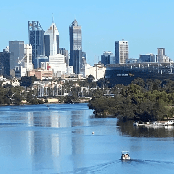 a body of water with a city in the background
